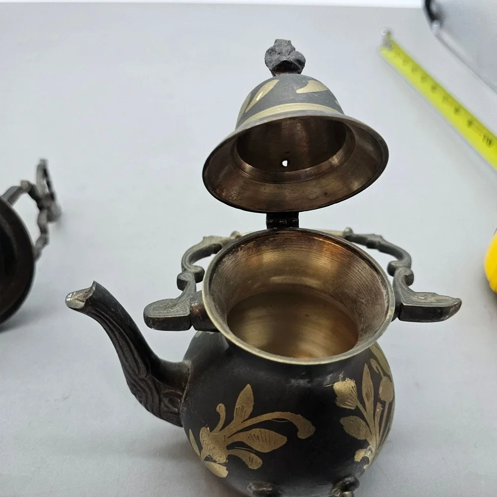 Vintage Brass Teapot with Warming Stand Black and Gold Etched Floral Decorative